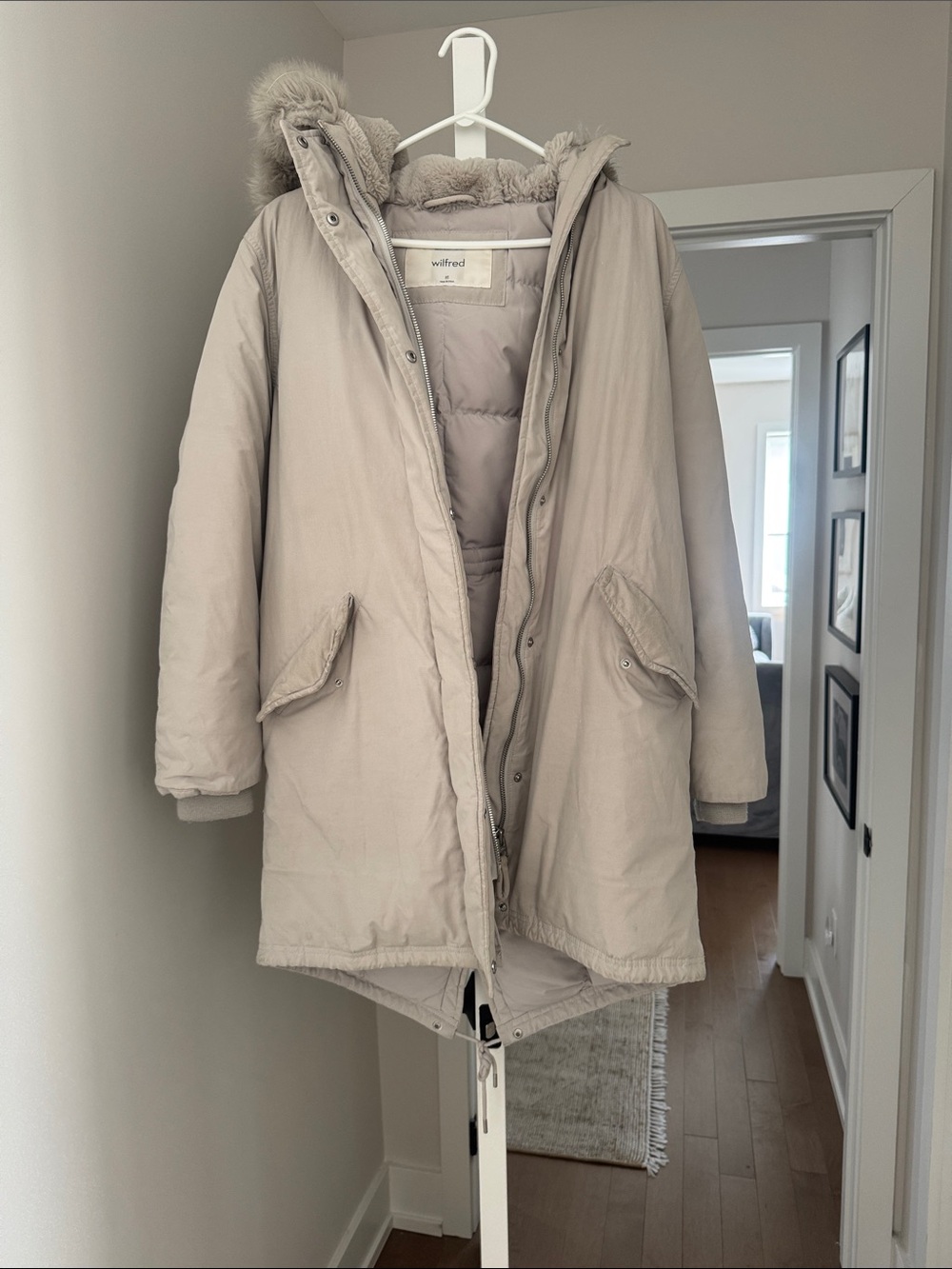 Mont Blanc Aritzia Wilfred Light Taupe Faux Fur-Trim Parka